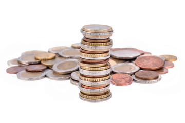 Stack of euro coins isolated on white background