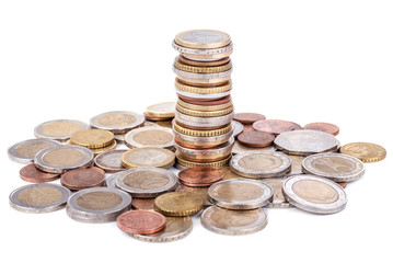 Stack of euro coins isolated on white background