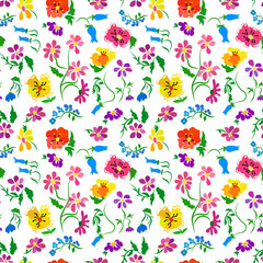 Seamless pattern with abstract flowers and leaves on a white background.