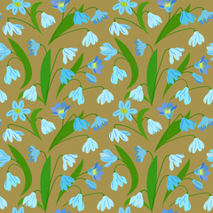 Seamless pattern with floral print on a beige background, drawing the first spring flowers.