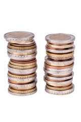 Two piles of euro coins isolated on white background