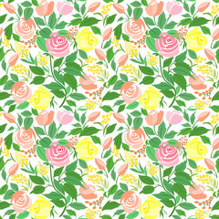 Seamless pattern with roses delicate flowers, small flowers and green leaves.