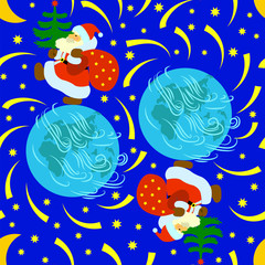 Fototapeta na wymiar Seamless pattern with Santa Claus with a bag of gifts and a Christmas tree, walking on the planet.