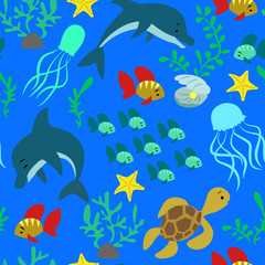 Seamless pattern with sea inhabitants on a blue background.