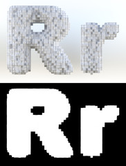3D Rendering, White volumetric pixel alphabet with alpha mask. An array of voxels from the front, Pixel art, 8-bit, Cubic letter R.