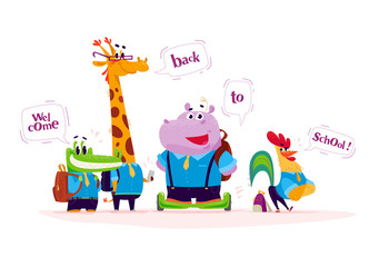 Vector flat school animal characters collection isolated