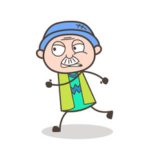 Cartoon Grandpa Running in Aggression Vector Illustration