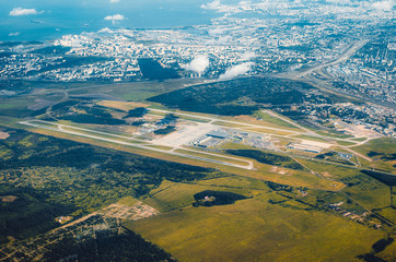 Aerial view over the runway approach at the airport