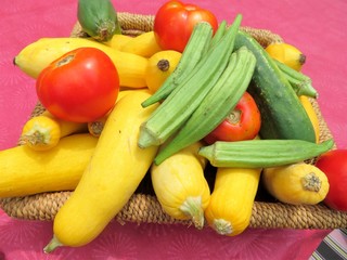 Summer vegetables, cucumbers, squash, okra and tomatoes