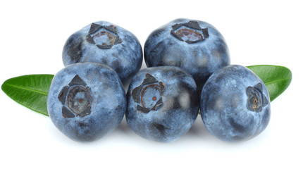 blueberries with green leaf isolated on white background. macro