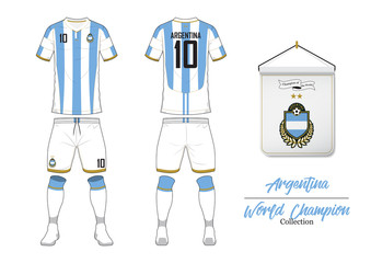 Naklejka premium Soccer jersey or football kit in World Championship Collection. Argentina football national team. Football logo with house flag. Front and rear soccer uniform. Vector Illustration. 