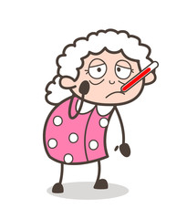 Cartoon Ill Old Woman with Fever Temperature in Mouth Vector Illustration
