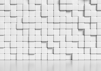 Abstract white cubes wall and glossy floor 3d illustration.