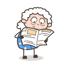 Cartoon Old Grandma Reading Newspaper Vector Illustration
