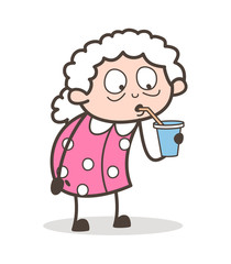 Cartoon Grandmother Drinking Beverage Vector Illustration