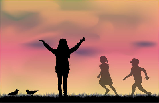  Silhouettes of children playing. Silhouettes conceptual.