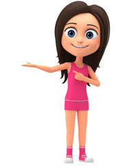 The girl in a pink dress points to an empty palm. 3d render illustration.