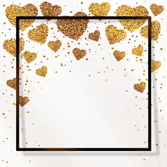 Poster with heart of gold confetti, sparkles, golden glitter in black frame, border