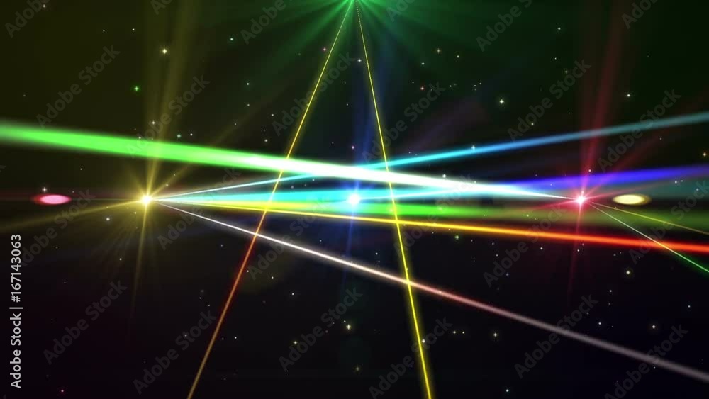 Poster laser show from multi-colored rays of light in dark in disco. warning, laser beams dangerous for cam