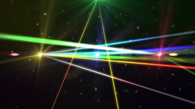 laser show from multi-colored rays of light in dark in disco. warning, laser beams dangerous for camera sensor