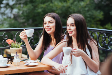 Girlfriends are sitting in coffee and drinking tea