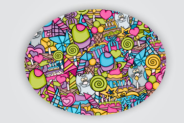 Birthday cartoon doodle design. Cute background concept for anniversary greeting card,  advertisement, banner, flyer, brochure. Hand drawn vector illustration.