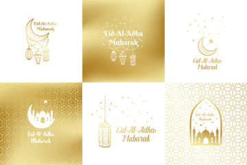 Eid Al Adha Mubarak greeting card, banner, poster, logo with lantern, crescent, moon and star elements on holiday. Vector arabic gold background in islamic style