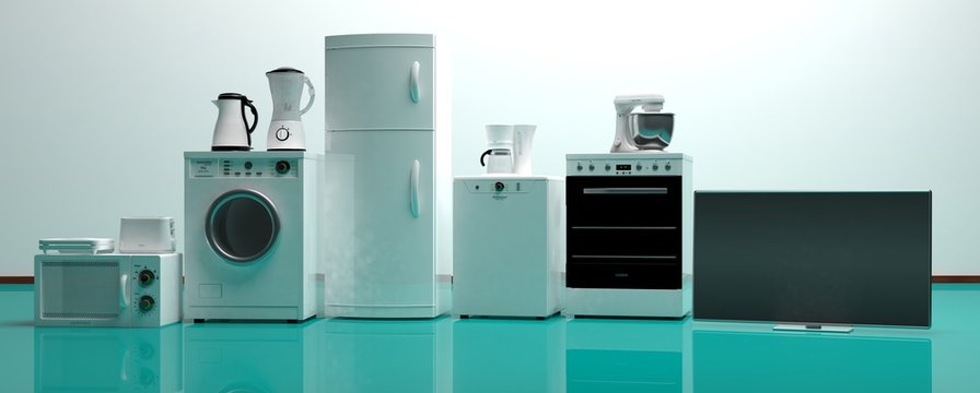 Set of home appliances on a green floor. 3d illustration