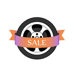 Wheel disk discount banner. Car tyre with disk for sale promo sign. Vector illustration.