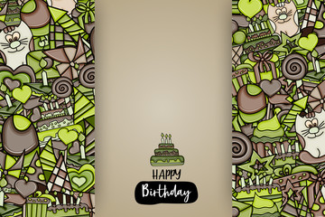 Birthday cartoon doodle design. Cute background concept for anniversary greeting card,  advertisement, banner, flyer, brochure. Hand drawn vector illustration. Brown and green color.