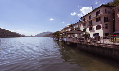 Fototapeta na wymiar The promenade of Morcote with Lake Lugano - Morcote, Lake Lugano, Lugano, Ticino, Switzerland, Europe