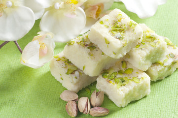 Close-up of kalakand and pistachio