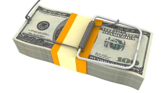 Mousetrap made from pack of American dollars without bait in action. Footage video