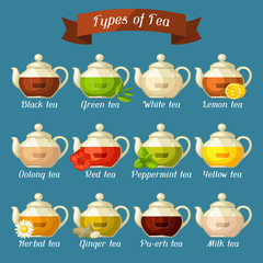 Types of tea. Set of glass kettles with different tastes and ingredients