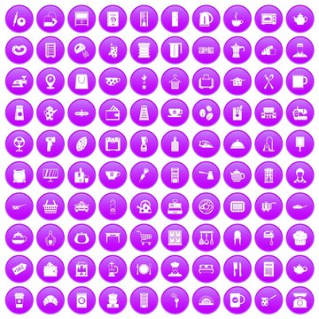 100 kitchen utensils icons set purple