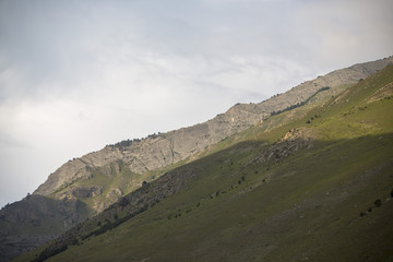 Горный пейзаж. Красивый вид на горное ущелье. Дикая природа и горы Северного Кавказа