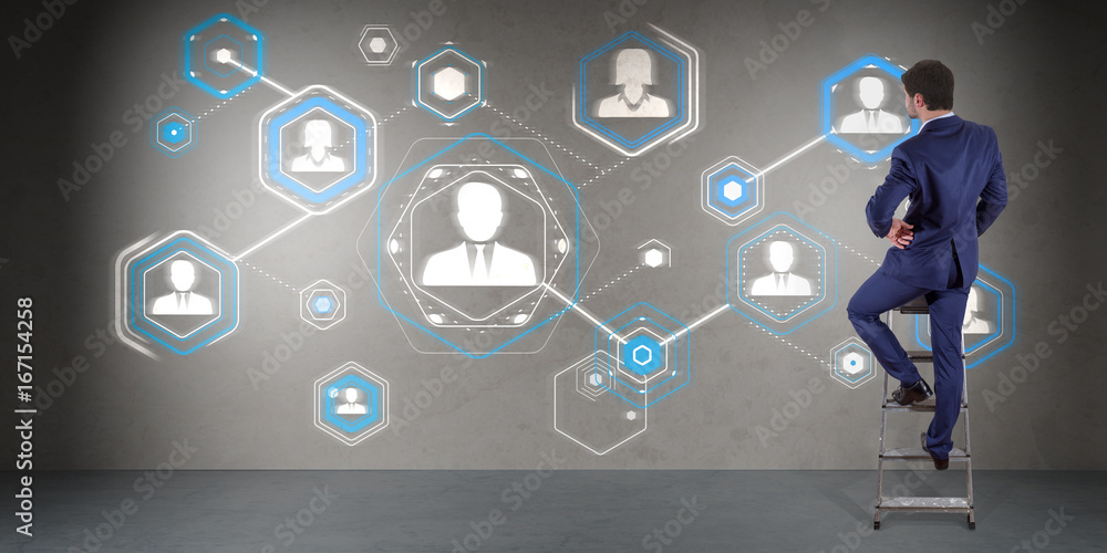 Poster Businessman using social network interface on a wall 3D rendering