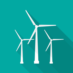Wind turbine icon with long shadow. Flat design style. Windmill simple silhouette. Modern, minimalist icon in stylish colors. Web site page and mobile app design vector element. © Victor