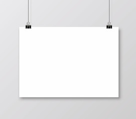 Empty A4 sized vector paper frame mockup hanging with paper clip. Grunge frame for text on a sheet - stock vector.