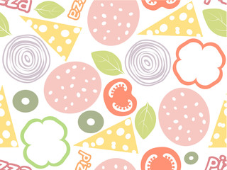 Pizza ingredients simple seamless pattern. White background with different color salami, cheese, mushroom, olive, basil, tomato, paprika. Web page fill or wrapping paper backdrop