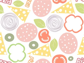 Foto auf Leinwand Pizza ingredients simple seamless pattern. White background with different color salami, cheese, mushroom, olive, basil, tomato, paprika. Web page fill or wrapping paper backdrop © iaroslavka