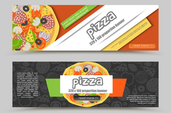 Cartoon Pizza Pizzeria flyer vector background. Two horizontal Pizza web banner with ingredients and text for delivery or restourant promotion
