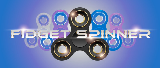 Fototapeta na wymiar Black fidget finger spinner horizontal web banner with white text. Stress relief hand toy with light effect flare. Vector for label, advertisement, brochure. Retro style purple background