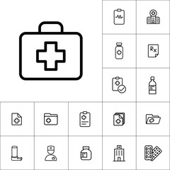 thin line first aid icon, medicines set on white background