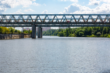 Naklejka premium Transport bridge across the widest river in the Russian capital, Moscow 