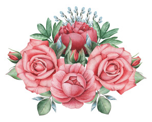 Vector illustration of watercolor charming combination of Flowers and Leaves, isolated on white background