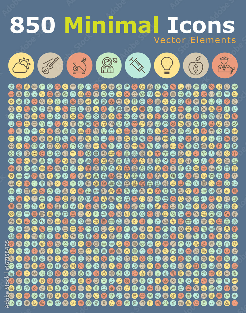 Poster set of 850 isolated universal minimal simple thin line icons on circular color buttons