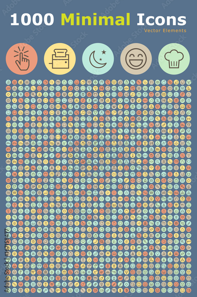 Poster set of 1000 universal icons on circular buttons . isolated vector elements