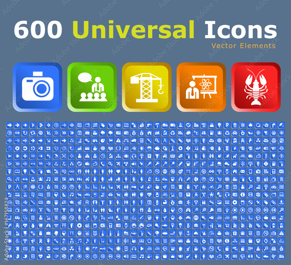 Poster set of 600 standard universal quality icons with square colored buttons on blue background