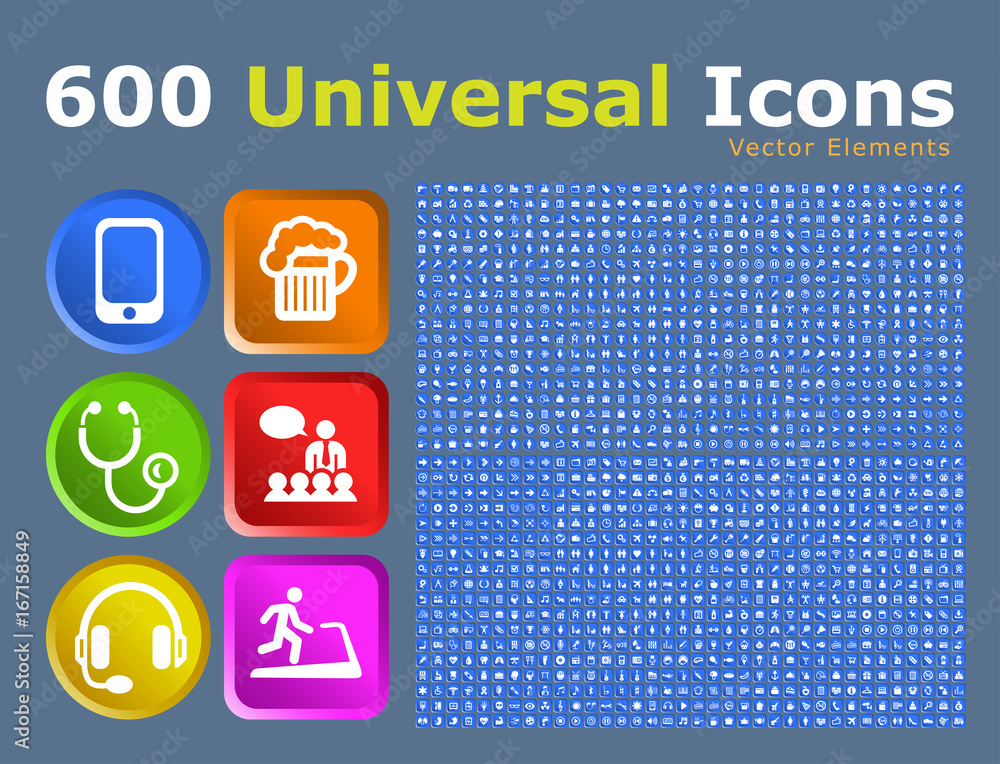 Poster set of 600 universal icons on buttons . isolated vector elements